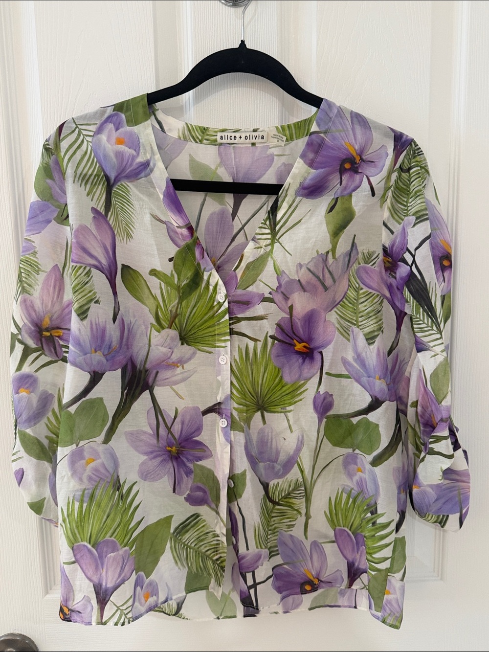 Alice + Olivia White Blouse with Purple Floral Print